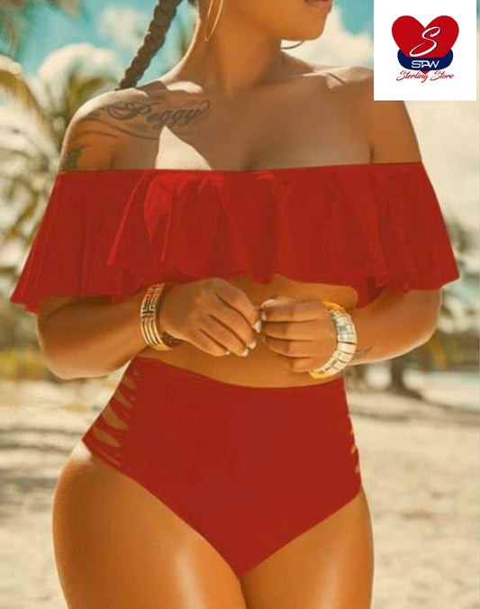 Women's Plus Size Off-Shoulder Split Swimsuit with Ruffled Edge – Floral & Solid Options