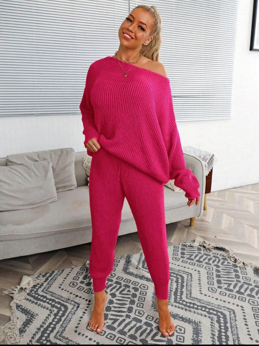 Women’s Solid Drop Shoulder Sweater & Drawstring Waist Pants Set