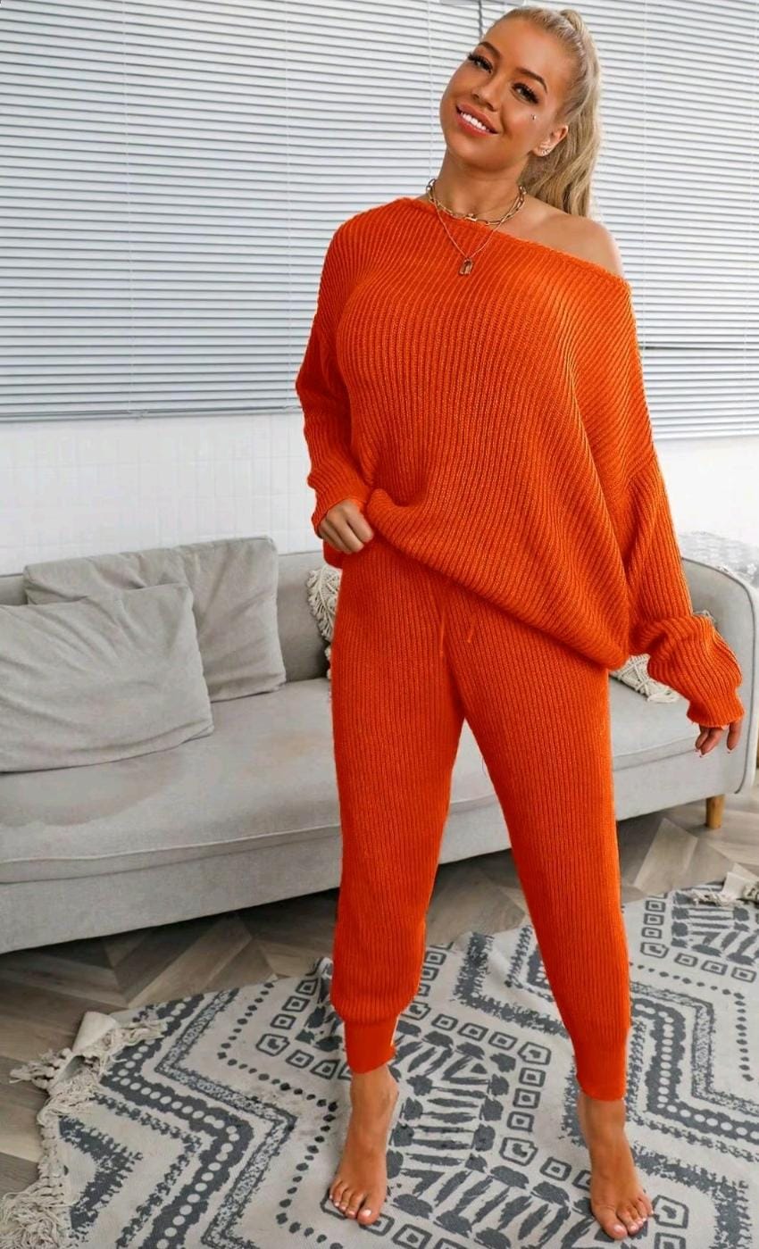 Women’s Solid Drop Shoulder Sweater & Drawstring Waist Pants Set