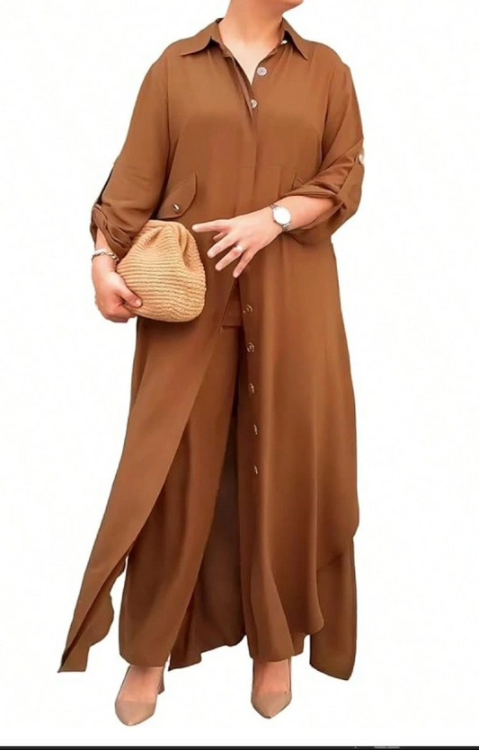 Women’s 2-Piece Set – Longline Button-Down Shirt + Wide-Leg Pants