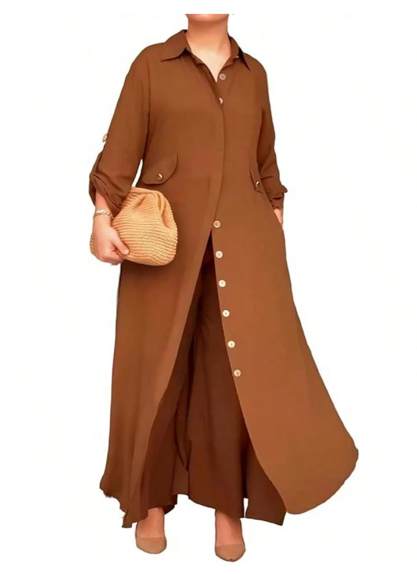 Women’s 2-Piece Set – Longline Button-Down Shirt + Wide-Leg Pants