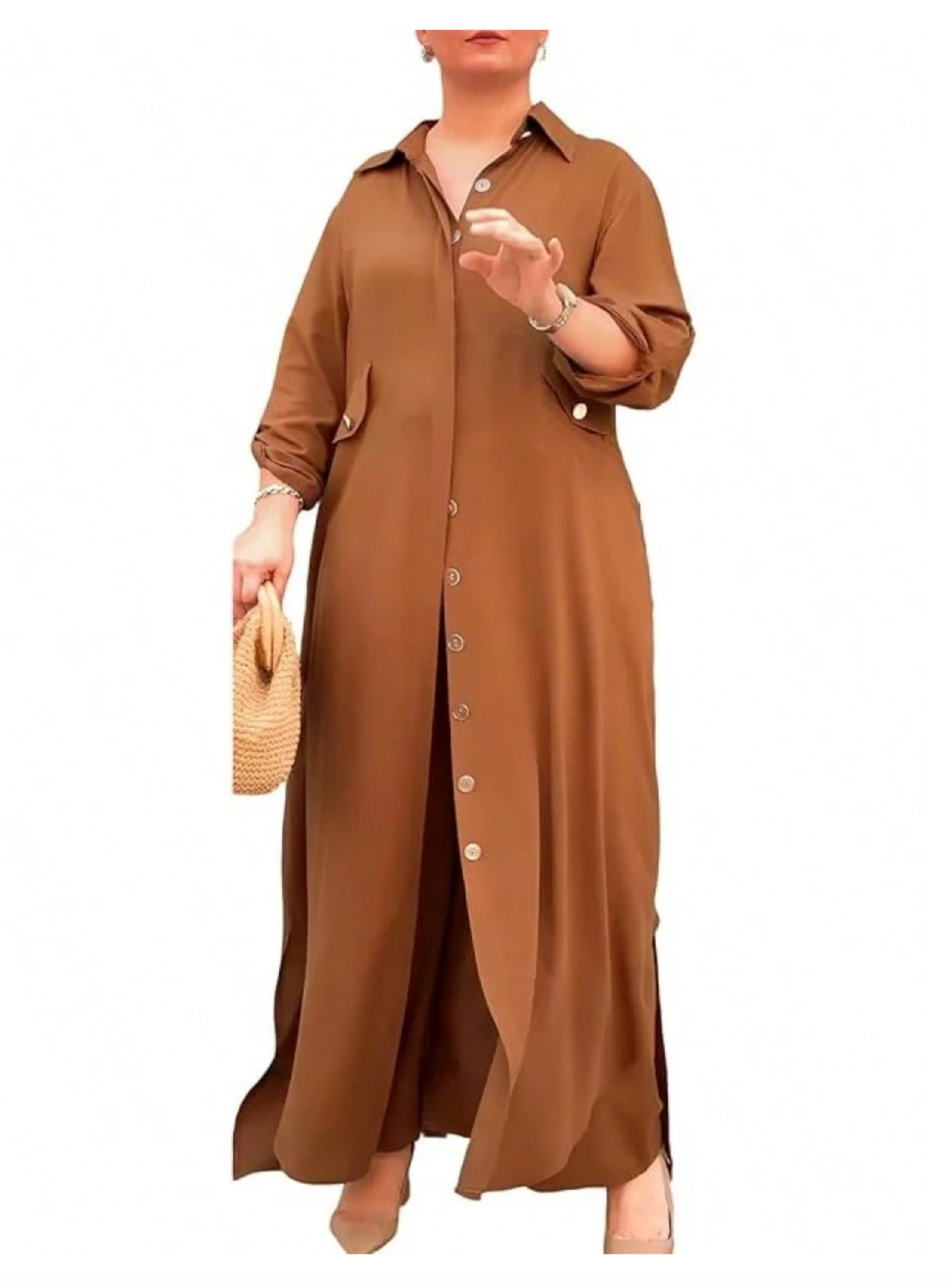 Women’s 2-Piece Set – Longline Button-Down Shirt + Wide-Leg Pants