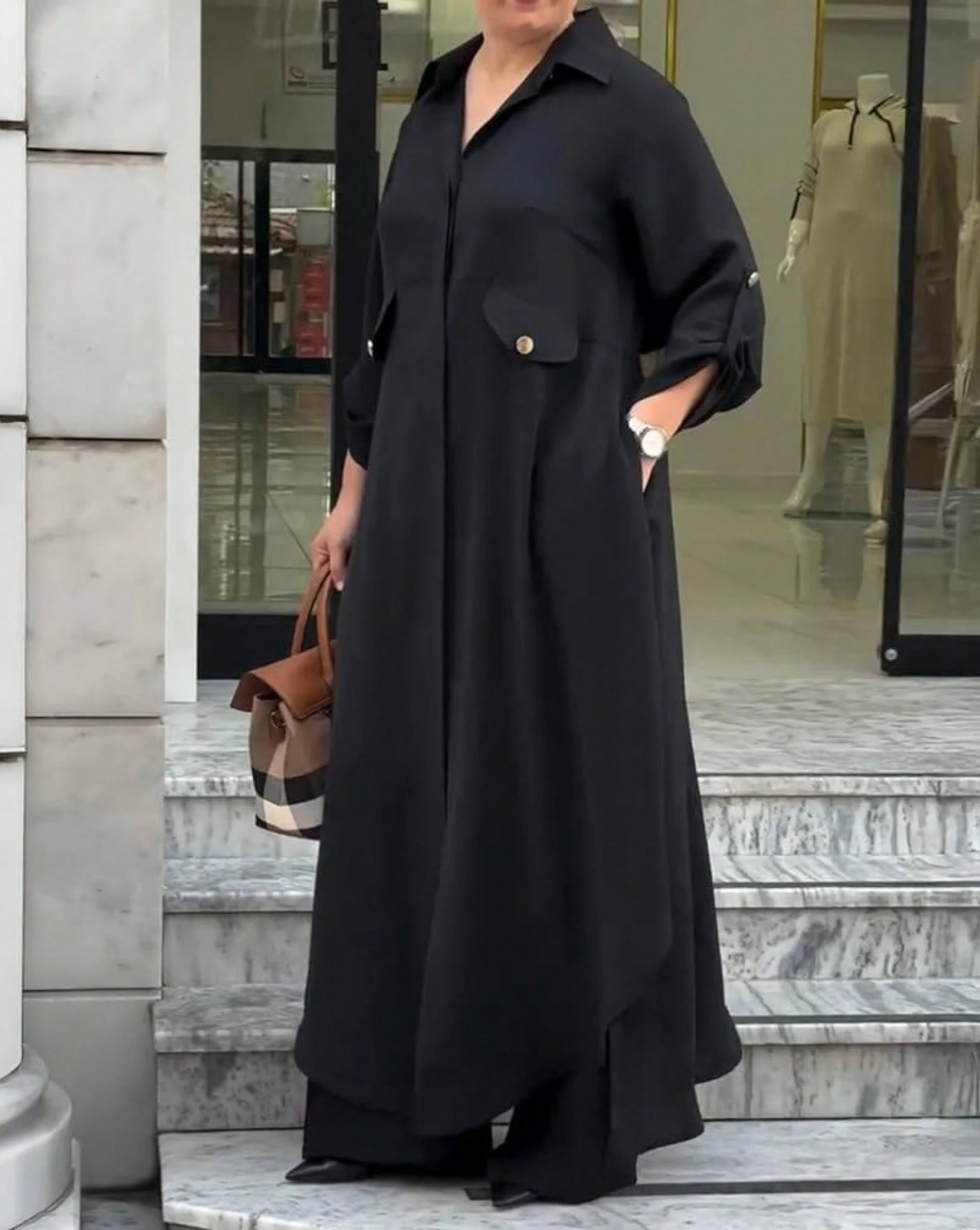 Women’s 2-Piece Set – Longline Button-Down Shirt + Wide-Leg Pants