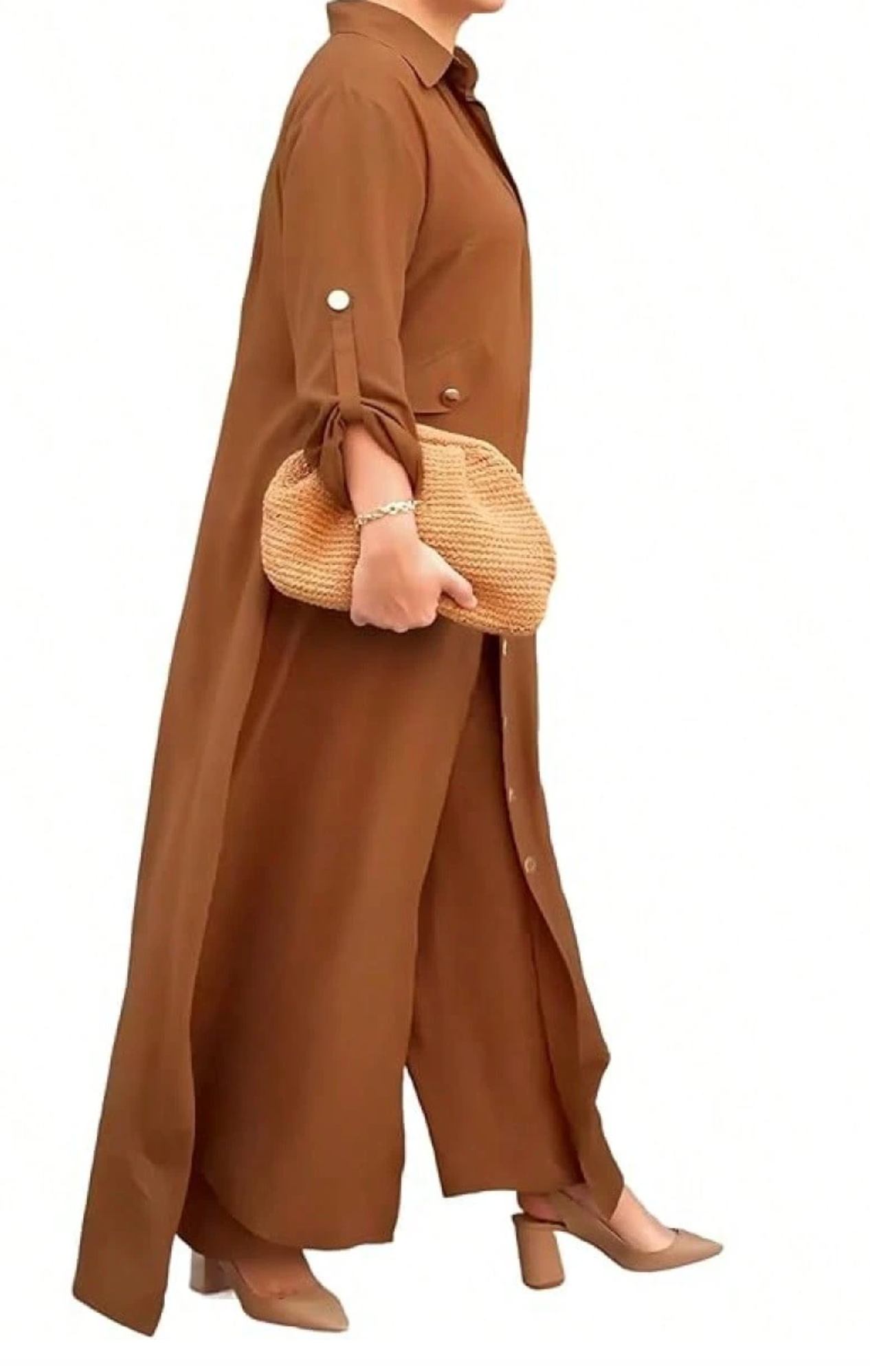 Women’s 2-Piece Set – Longline Button-Down Shirt + Wide-Leg Pants