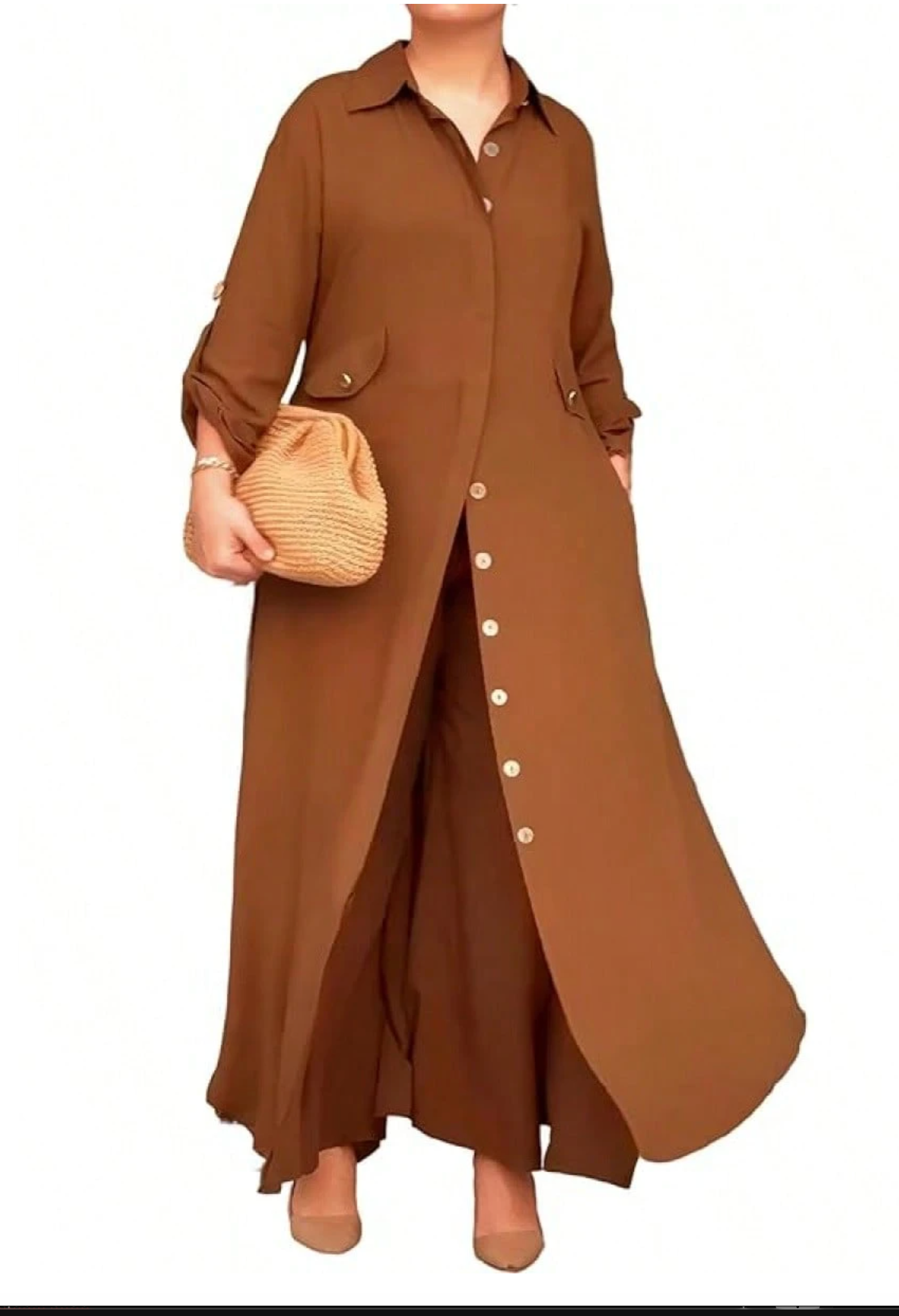 Women’s 2-Piece Set – Longline Button-Down Shirt + Wide-Leg Pants